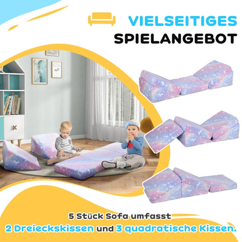 Rootz Kids Play Sofa - Children's Couch - Convertible Furniture - 5-Piece Set - Glowing Patterns - High-Density Foam - Pink - Velvet Material - 50cm x 48cm x 27.5cm