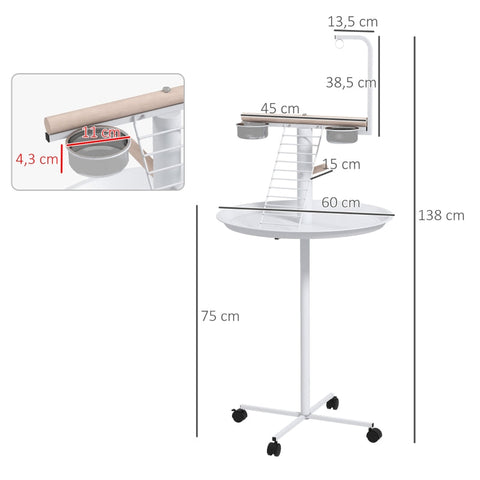 Rootz Bird Table - Bird Perch Stand - Parrot Playstand - Steel & Wood - 2 Stainless Steel Bowls - Portable - 60cm x 138cm