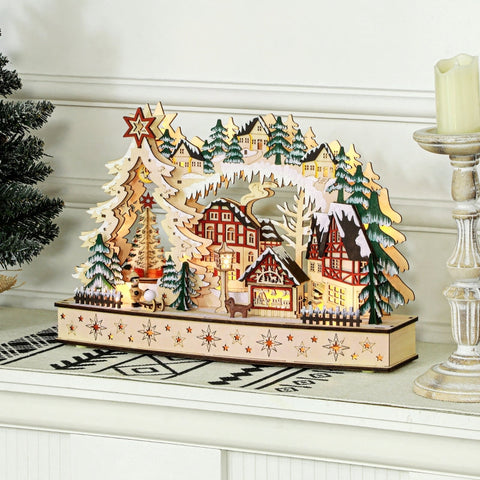 Rootz Christmas Village - Festive Forest Scene - Winter Landscape - 20 LED Lights - Table Mantel Decor - Natural Wood - 45cm x 12cm x 30cm