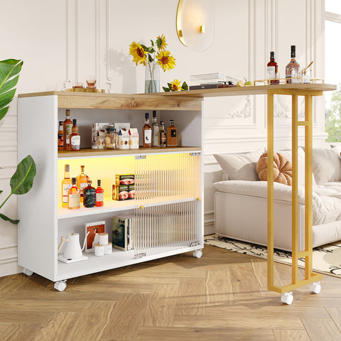 Rootz Extendable Bar Table - Modern Bar Table - Movable Bar Table - Storage Space - LED Lighting - 138-204x39x105cm