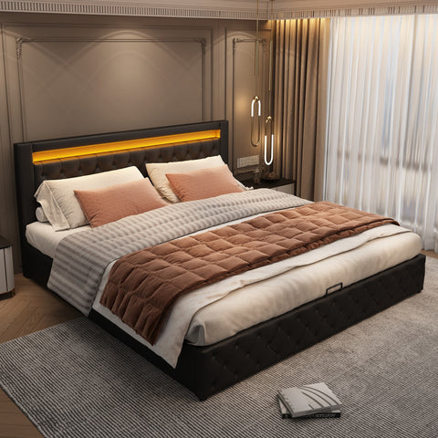Rootz Upholstered Bed Frame - Slatted Bed - Storage Bed - LED Lighting - 160 x 200 cm - Easy Assembly