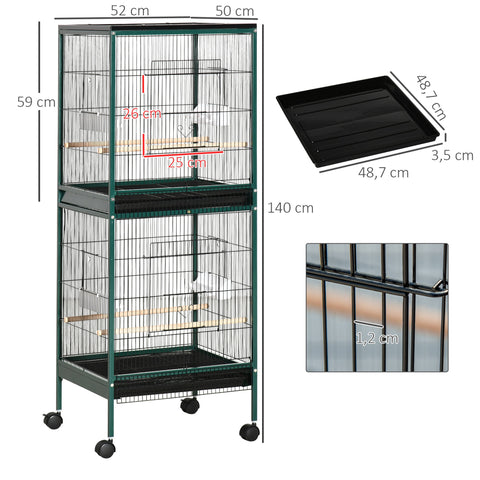 Rootz Large Double Stand Bird Cage - Aviary - Bird Enclosure - Spacious Steel Design - 51.5W x 50D x 140H cm