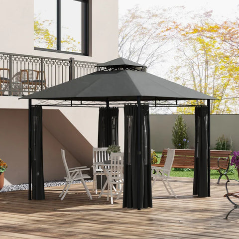 Rootz Garden Gazebo - Pavilion Party Tent - Two-story Roof - Air Circulation - Metal-polyester - Black+dark Gray - 2.95L x 2.95W x 2.85H m