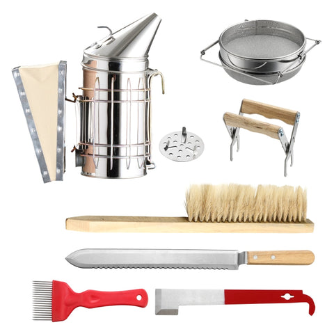 Rootz Beekeeping Set - 7-Piece Honey Harvesting Kit - Stainless Steel Tools - Hive Chisel - Uncapping Knife - 28.5cm Smoker