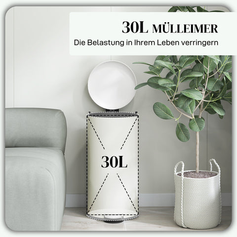 Rootz Trash Can 30L - Pedal Bin - Stain Resistant Bin - Hands-Free Use - 36cm x 30cm x 63.5cm - White
