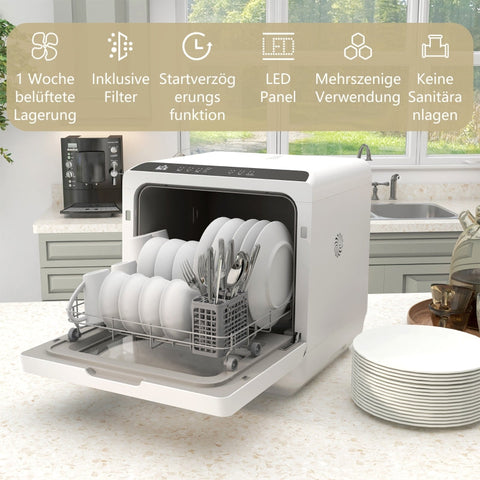 Rootz Small Dishwasher - Compact Kitchen Helper - Table Dishwasher - 6 Programs - Sparkling Clean Dishes - 45W x 44D x 45.8H cm