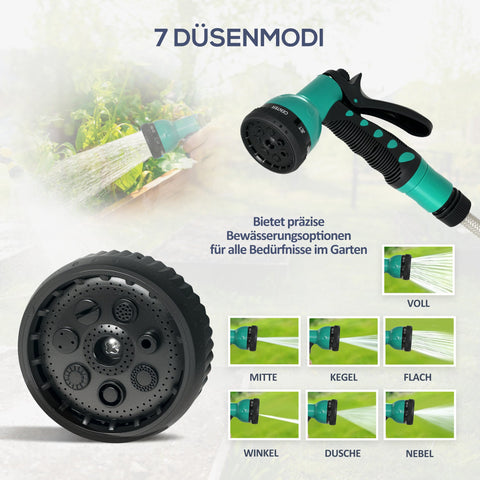 Rootz Garden Hose Holder - Hose Reel - Wall Mount - Comfortable Watering - 50cm x 23cm x 45cm - 30m Hose, 7 Spray Patterns, 180° Rotatable