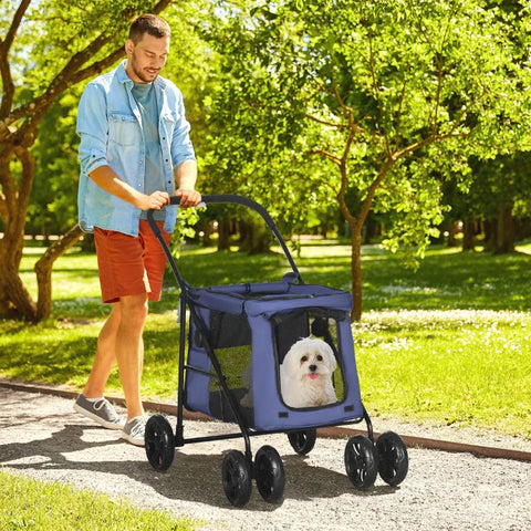 Rootz kinderwagen voor huisdieren - opvouwbare honden- en kattenwagen - reiswagen voor huisdieren met 4 wielen - kussen - veiligheidslijnen - opbergzakken - voor kleine en middelgrote honden - donkerblauw - 102 cm x 62 cm x 105 cm