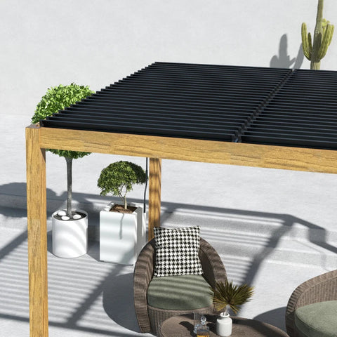 Rootz Pergola - Tuinpaviljoen - Lattendak - Handslinger - Grondpennen - Aluminium - Hout - Aluminium - Zwart - Naturel - 297L x 297B x 228H cm