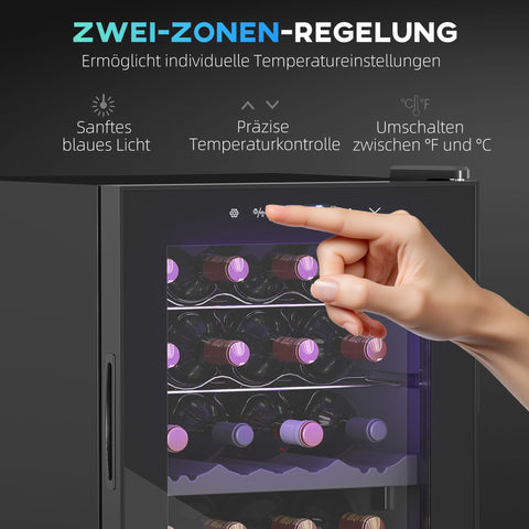 Rootz Small Wine Fridge - Mini Fridge - Bottle Cooler - Dual-Zone - LED Lighting - 43cm x 45cm x 84cm - 74L Capacity for 28 Bottles