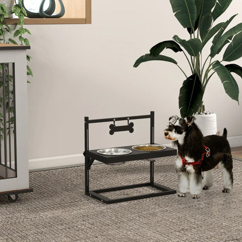 Rootz Feeding Station - Raised Feeding Bowls - Stainless Steel - Feeding Bowls - Steel Pipes - Black + Silver - 40.5 x 22 x 39 cm
