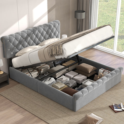 Rootz Upholstered Bed - Velvet Bed Frame - Height Adjustable Headboard - Hydraulic Storage - 223cm x 149cm x 91.5-96.5cm - Gray