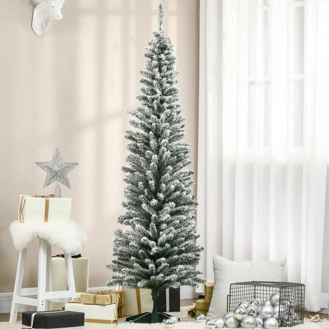 Rootz Slim Artificial Christmas Tree - Snow-Covered Tree - Festive Decoration - 180cm x 55cm - Green+White - Plastic & Metal