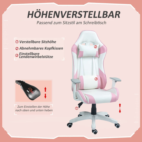 Rootz Gaming Chair Racing Design - Ergonomic Gaming Chair - Adjustable Height Chair - Faux Leather - 67W x 60D x 120-128H cm - Pink/White
