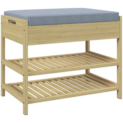Rootz Schoenenrek - 2 Planken - Zitkussen - Bamboe - Grijs + Naturel - 55 cm x 35 cm x 46 cm