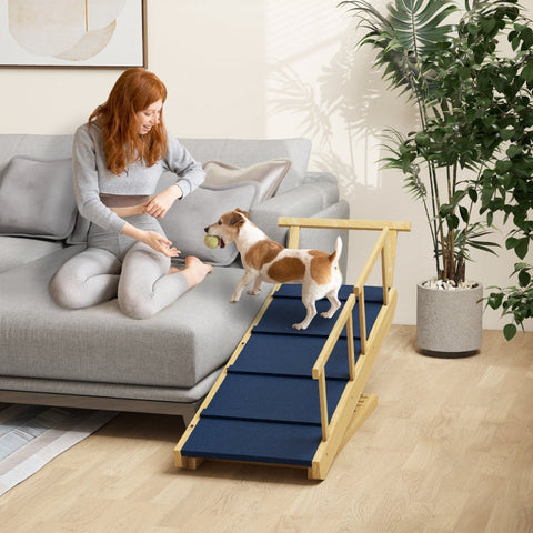 Rootz Dog Ramp - Wooden Pet Ramp - Folding Easy Climb - Support Large Dogs - Adjustable Heights - Non-Slip Mats - Railings - 85cm x 40cm x 78.5cm