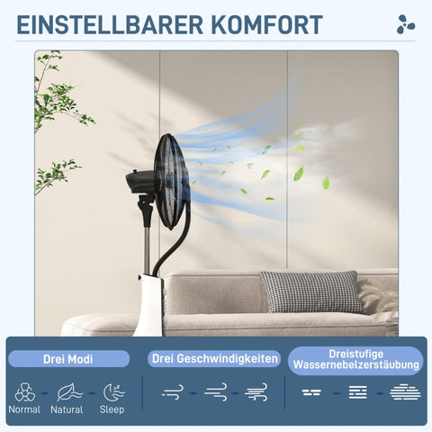 Rootz 2-in-1 Pedestal Fan with Humidification - Quiet Floor Fan - Mobile Cooling Fan - Remote Control - 3 Speeds & Modes - 75° Swivel - 44.5cm x 38.5cm x 120cm - Metal/ABS - Black/White