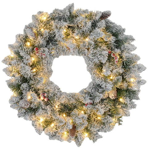 Rootz Christmas Wreath - Artificial Pine Wreath - LED Lights - Snowy Tips - 210 Tips - 50 Warm White Lights - Ø60cm x 10cm