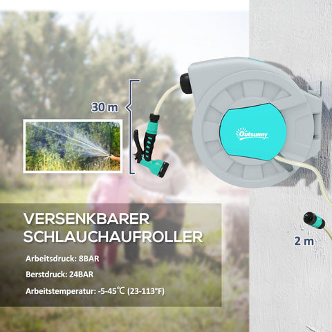 Rootz Garden Hose Holder - Hose Reel - Wall Mount - Comfortable Watering - 50cm x 23cm x 45cm - 30m Hose, 7 Spray Patterns, 180° Rotatable