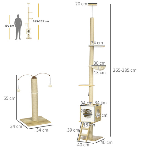 Rootz Adjustable Cat Scratching Post - Cat Tree Tower - Cat Activity Center - Floor to Ceiling - 40cm x 40cm x 225-285cm