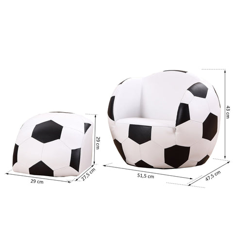 Rootz Children's Armchair with Stool - Kids Sofa - Football Chair - Fun Design - High-Quality Workmanship - Comfortable Padding - 51.5cm x 47.5cm x 43cm - Faux Leather