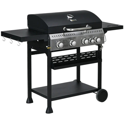 Rootz BBQ Gas Grill - 4 Main Burners - 1 Side Cooker - Side Table - Bottom Shelf - Spice Rack - 1 Warming Plate - Galvanized Steel - Stainless Steel - Black+silver - 135L x 53W x 101H cm