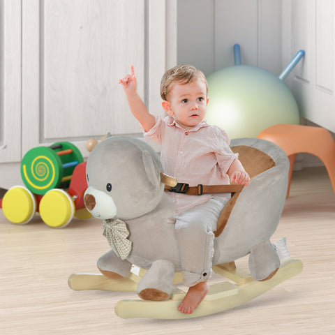 Rootz Rocking Horse Bear - Rocking Toy - Toddler Rocker - Built-in Chair & Safety Belt - 60cm x 33cm x 50cm - Grey Brown