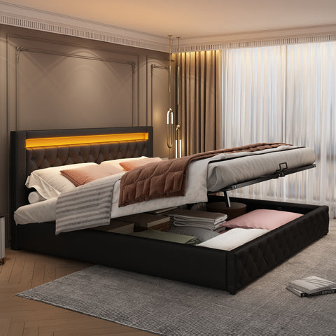 Rootz Upholstered Bed Frame - Slatted Bed - Storage Bed - LED Lighting - 160 x 200 cm - Easy Assembly