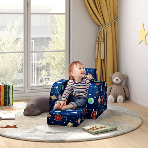 Rootz Kids Foldable Armchair - Children's Sofa - Cozy Bed - Multifunctional - Planet Pattern - Easy to Clean - Blue - Foam/Polyester - 46.5cm x 93cm x 28.5cm