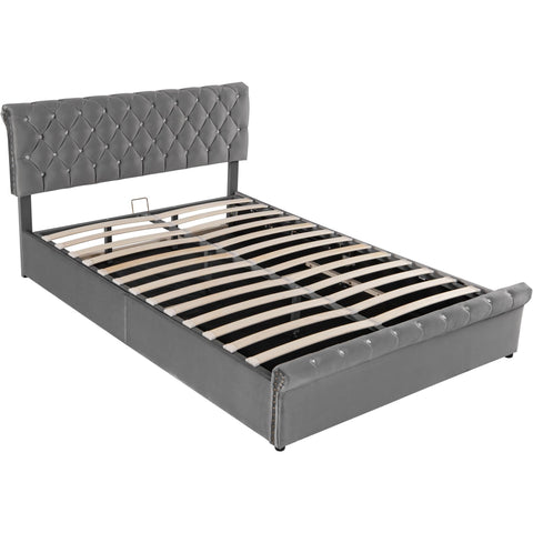 Rootz Upholstered Bed - Velvet Bed Frame - Height Adjustable Headboard - Hydraulic Storage - 223cm x 149cm x 91.5-96.5cm - Gray