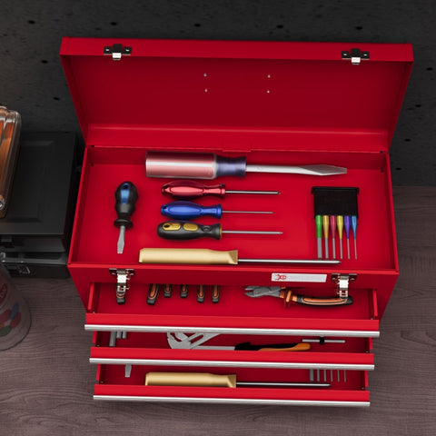 Rootz Tool Box - Steel Tool Case - Portable Tool Organizer - 3 Drawers - Top Storage Compartment - Secure Lock - 51cm x 22cm x 32cm