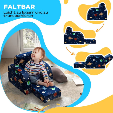Rootz Kids Foldable Armchair - Children's Sofa - Cozy Bed - Multifunctional - Planet Pattern - Easy to Clean - Blue - Foam/Polyester - 46.5cm x 93cm x 28.5cm