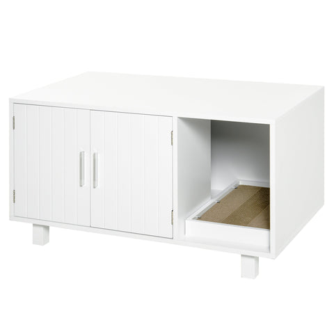 Rootz Litter Box Furniture - Cat Side Table - Scratching Post - Elegant Design - 91L x 52W x 50.5H cm MDF White