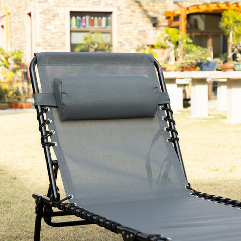 Rootz Deck Chair - Folding Lounger - Outdoor Recliner - With Neck Pillow - 185cm x 58cm x 30cm - Supports 120kg - Steel Frame, Mesh Cover, Grey