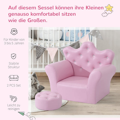 Rootz Kinderbank met poef - Prinsessenbank - Kinderfauteuil - Comfortabel en veilig - Elegant ontwerp - Duurzaam en hoogwaardig - 58 cm x 40,5 cm x 49 cm