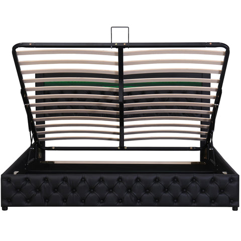 Rootz Upholstered Bed - Slatted Frame - Storage Bed - LED Lighting - 180 x 200 cm - Black - PU Cover for Modern Elegance