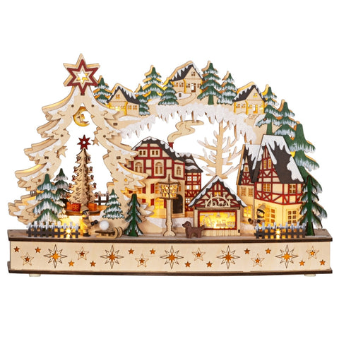 Rootz Christmas Village - Festive Forest Scene - Winter Landscape - 20 LED Lights - Table Mantel Decor - Natural Wood - 45cm x 12cm x 30cm