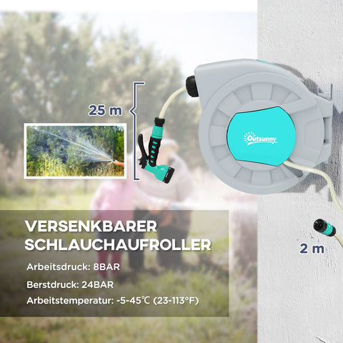 Rootz Garden Hose Holder - Wall Hose Reel - Water Hose Drum - 7 Spray Patterns - 180° Rotatable - 55cm x 20cm x 42cm