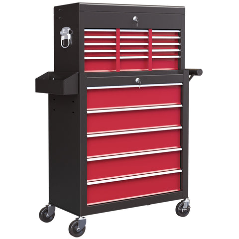 Rootz Tool Trolley - Workshop Trolley - Mobile Tool Chest - Lockable Drawers - Red Steel - 14 Drawers - 60x26x34cm & 76x33x75cm