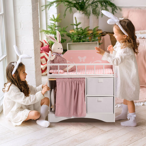 Rootz Doll Bed Furniture - Doll Crib - Doll Cot - Maximize Storage - Well Built and Sturdy - Easy to Assemble - 55.5 x 28.5 x 57.5 cm - High-Quality Wood - Pink