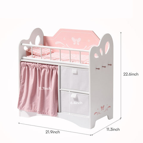 Rootz Doll Bed Furniture - Doll Crib - Doll Cot - Maximize Storage - Well Built and Sturdy - Easy to Assemble - 55.5 x 28.5 x 57.5 cm - High-Quality Wood - Pink