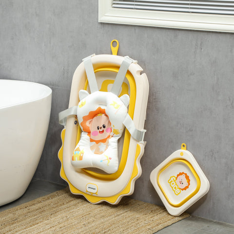 Rootz Foldable Baby Bath Tub - Sink - Non-Slip Bathtub - Comfortable Bath Cushion - 80.5cm x 55cm x 20cm (Yellow)