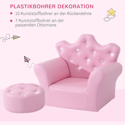 Rootz Kinderbank met poef - Prinsessenbank - Kinderfauteuil - Comfortabel en veilig - Elegant ontwerp - Duurzaam en hoogwaardig - 58 cm x 40,5 cm x 49 cm