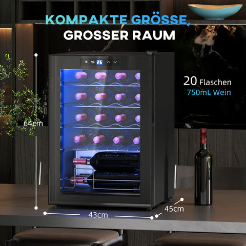 Rootz 20 Bottle Small Wine Fridge - Mini Beverage Cooler - Quiet Cooling - 53L Capacity - 43W x 45D x 64H cm
