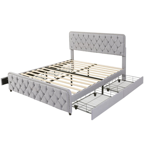 Rootz Upholstered Bed - Hydraulic Bed Box - Storage Bed - Breathable Linen - 211.5L x 180W x 96.5-108.5H cm Light Gray