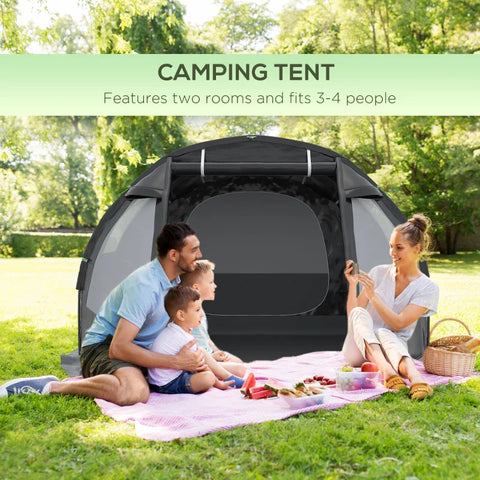 Rootz Camping Tent - Weatherproof - Trekking Tent - 2 Rooms - Portable Travel Bag - UV 30+ Sun Protection - Taffeta 100% Polyester-fiberglass - Black - 475L x 264W x 172H cm