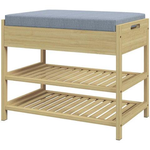 Rootz Schoenenrek - 2 Planken - Zitkussen - Bamboe - Grijs + Naturel - 55 cm x 35 cm x 46 cm