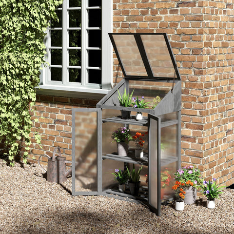 Rootz Mini Greenhouse - Small Greenhouse - Plant Nursery - Wooden Frame - 3 Shelves for Organization - 70L x 50W x 120H cm