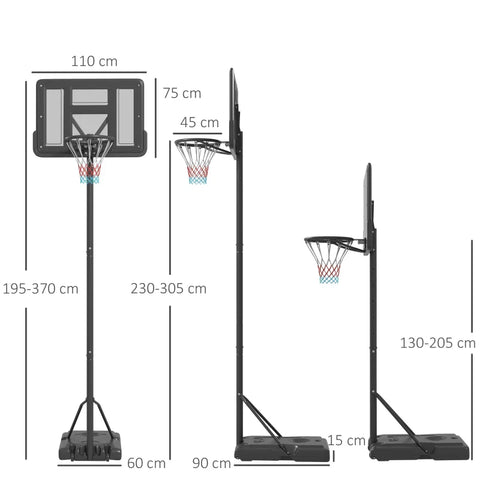 Rootz Basketball Stand - Height Adjustable - With Wheels - Fillable Base - Outdoor - Indoor - Black - 2.30-3.05 m