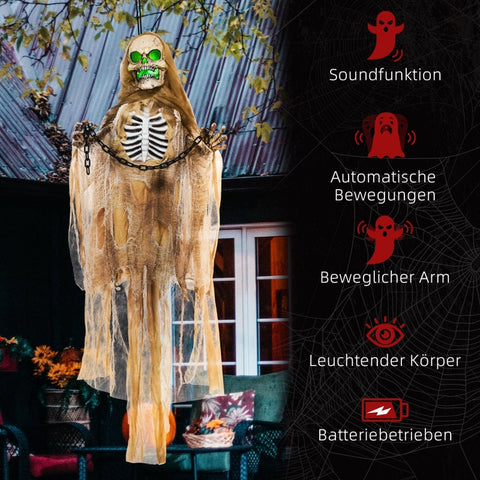 Rootz Animated Halloween Decoration - Hanging Skeleton - Twistable Arms - Touch & Sound Activation - Glowing Head & Chest - 70cm x 18cm x 183cm